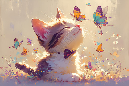 猫咪与蝴蝶的画面图片