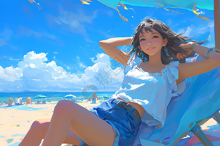 海滩上一个女孩坐在沙滩椅上图片