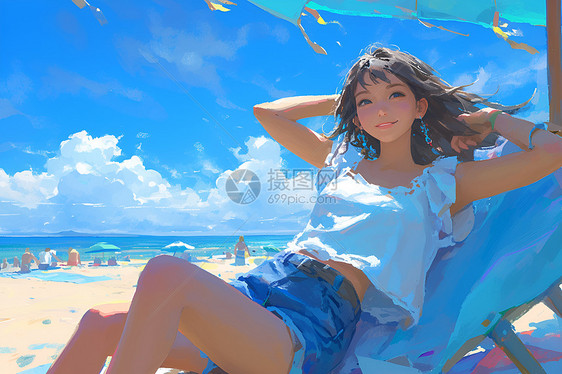 海滩上一个女孩坐在沙滩椅上图片