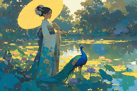 仙境湖畔美人和孔雀背景图片