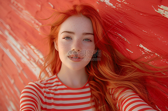 红发女子享受自拍时快乐图片