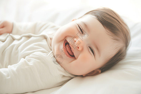 床上微笑的婴儿图片