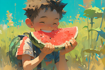 阳光草坪上吃西瓜的男孩图片