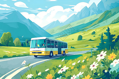 山峦起伏的美景和巴士图片