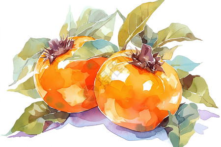 成熟柿子的水彩插画图片