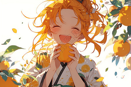 橙发女孩欢快地享受果汁背景图片