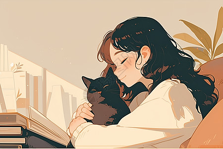 少女与爱猫快乐陪伴图片