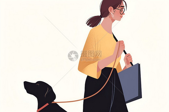 牵着狗散步的女人图片
