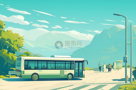 山间的巴士插画图片