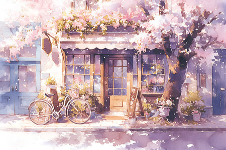 咖啡馆前的美丽樱花图片