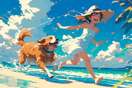 海滩上的女孩与狗图片