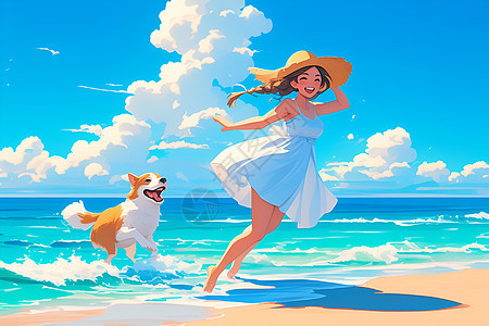 海边奔跑的小狗和女孩图片