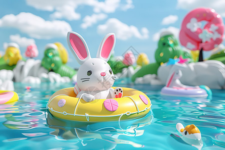 泳圈中的兔子图片