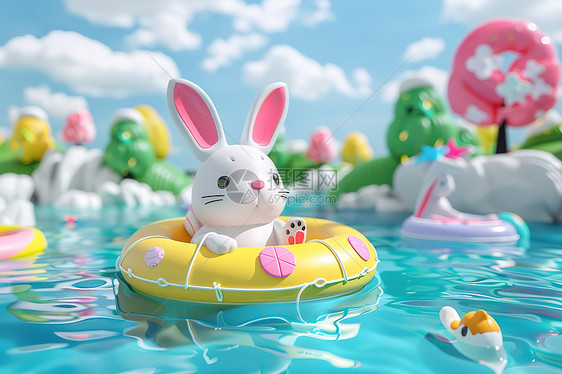 泳圈中的兔子图片