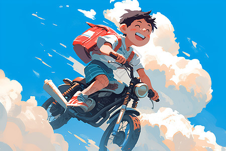 蓝天白云间骑着摩托车的男孩图片