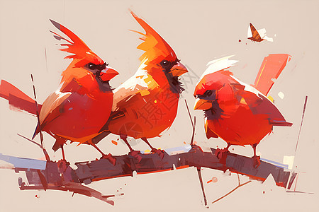 三只红色的鸟儿在树枝上图片