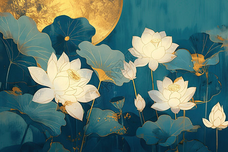 金色月亮下的白花与叶子图片