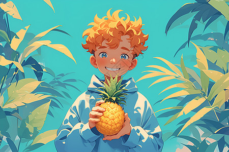 少年手持菠萝于热带海岛图片