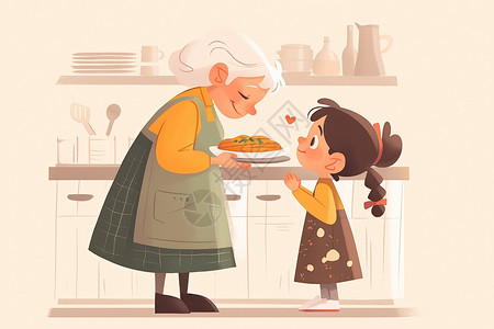 老妇人和小女孩在厨房里一起烹饪图片