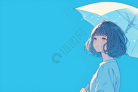 蓝色少女打伞图片