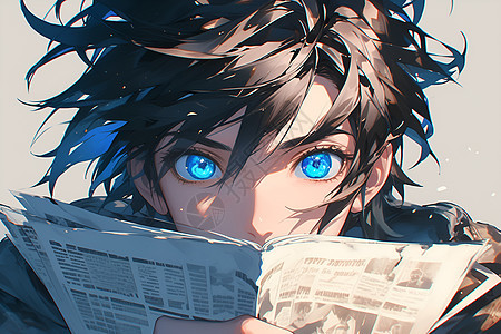 蓝眼睛男孩看报纸图片