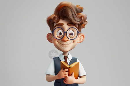戴着眼镜的卡通男孩手中拿着一本书图片