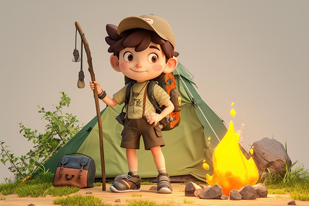 探险少年在篝火帐篷前图片