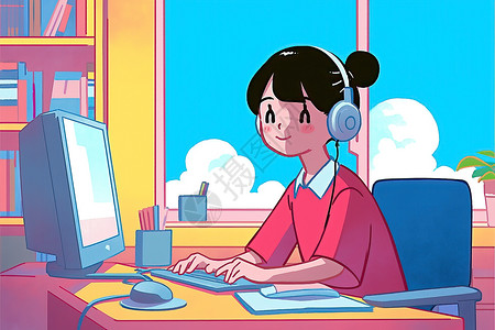 卡通女孩戴上耳机坐在电脑桌前图片
