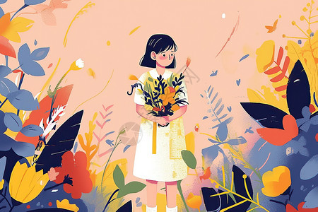 女孩在叶子和花朵的田野中图片
