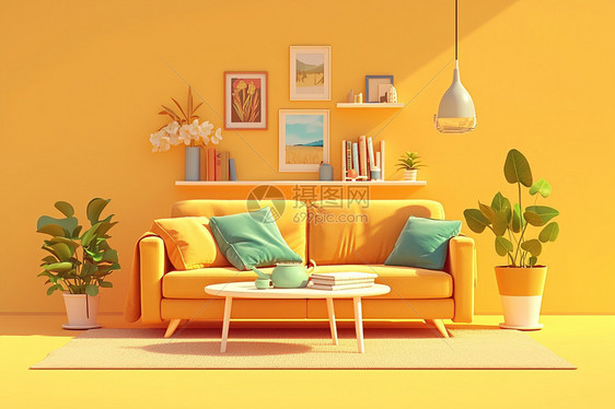黄色沙发和白色咖啡桌图片