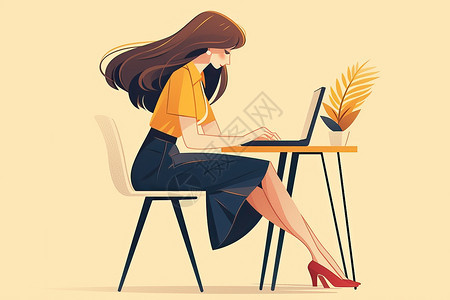 女子坐在桌上放着盆栽和电脑图片