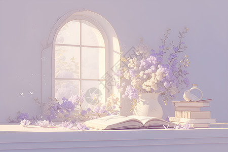 窗台上的书本和花朵图片
