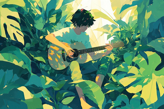 植物丛林中弹奏吉他的男人图片