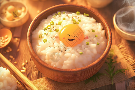 木桌上的米饭图片
