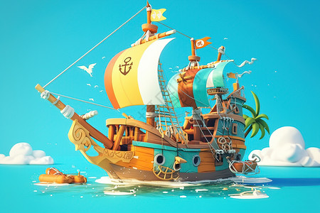 海上漂浮的卡通海盗船图片