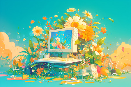 鲜花围绕的电脑图片