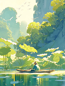 夏天湖中的竹筏图片