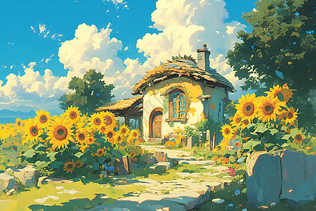 向日葵环绕的房子图片