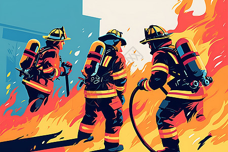 勇敢对抗火灾的三名消防员图片