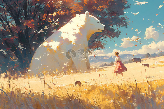 白熊与女孩在宁静的田野上图片