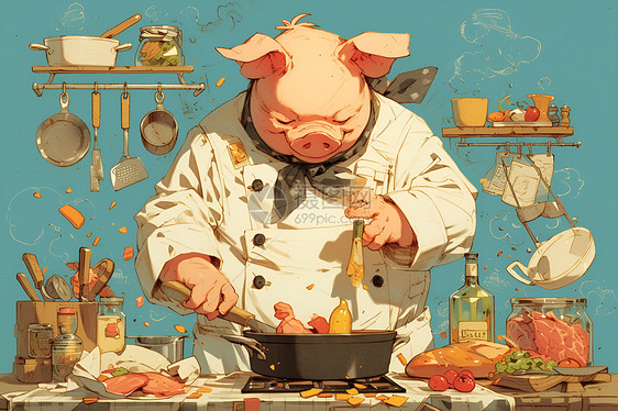猪头形象的猪厨师烹饪美食图片