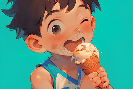快乐的男孩吃冰淇淋图片