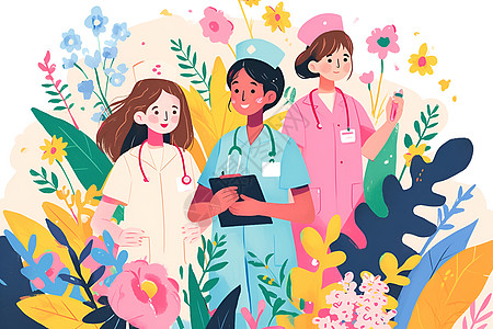 白花丛中的三名女医护人员图片