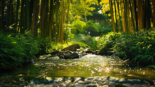 竹林中的自然溪流图片