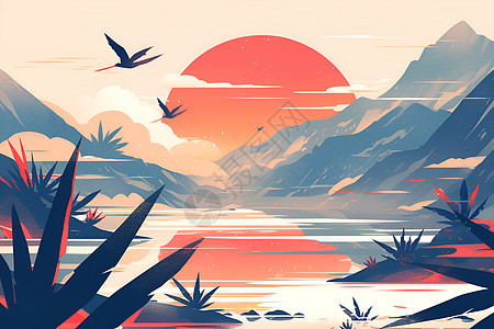 日落的湖山鸟飞图片