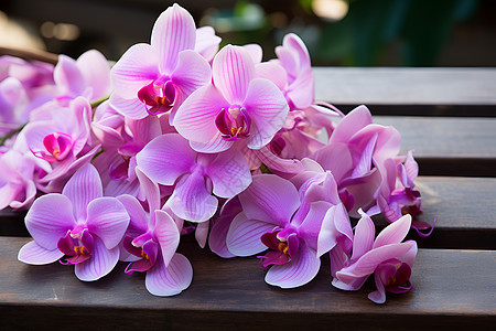 木制长凳上的一束紫色花朵图片