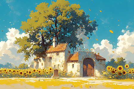 田园风光中的小屋与向日葵图片