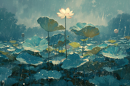 雨中孤零的莲叶图片