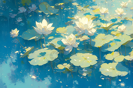 莲花塘中浮动的荷花和娇嫩的叶子图片