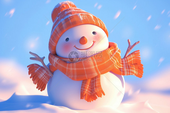 雪地中戴围巾和帽子的雪人图片